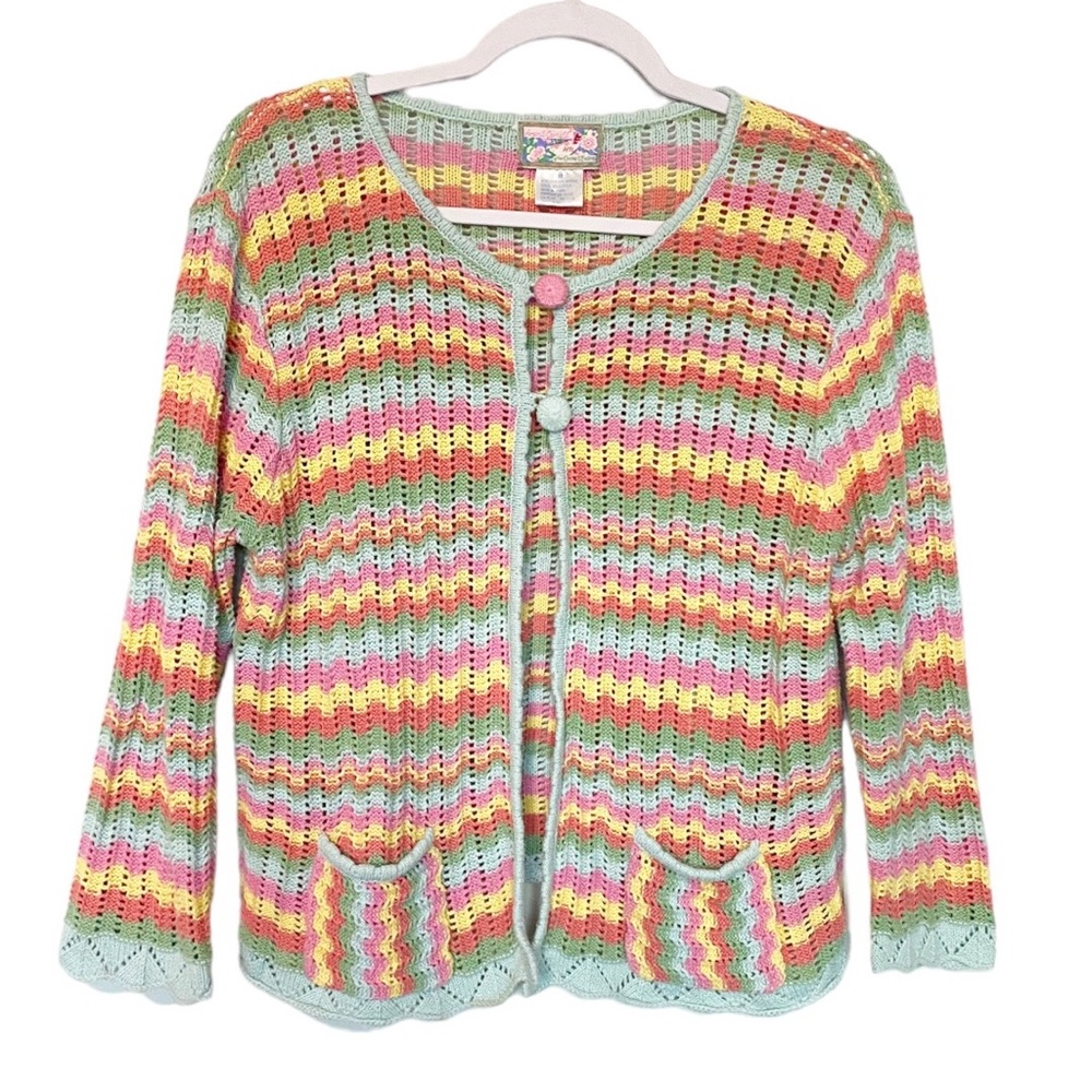 Vintage April Cornell Rainbow Stripe Crochet Knit Cardigan Sweater Size Medium
